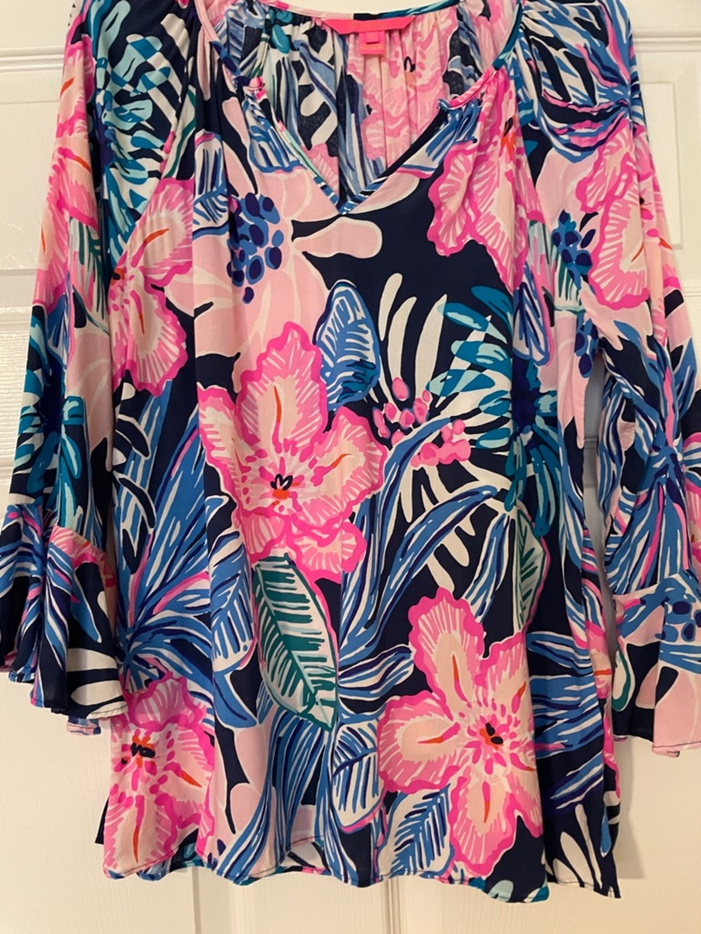 Lilly Pulitzer Pink Navy Blue Floral Bell-Sleeve Blouse - Picture 4 of 4